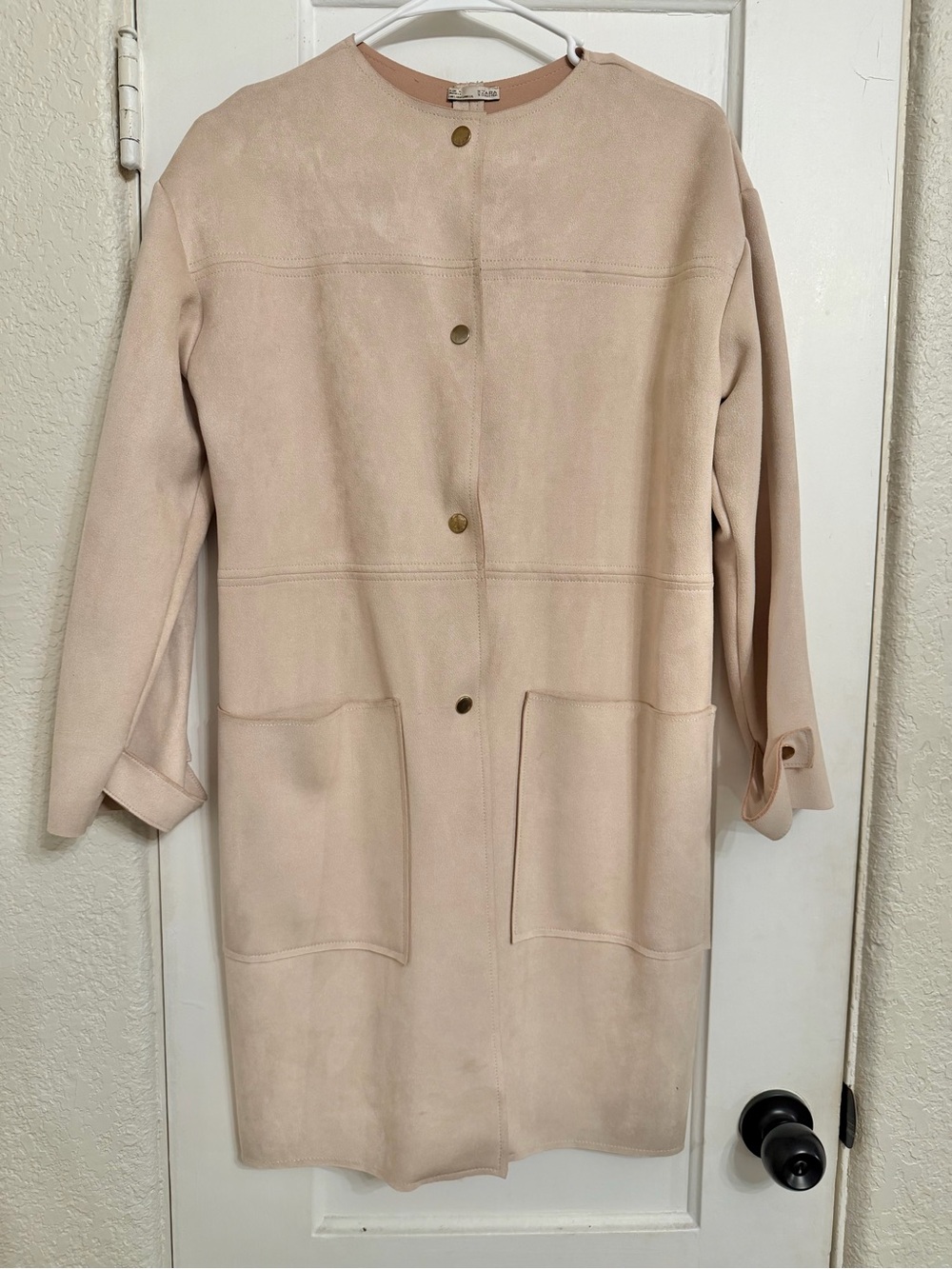 Zara Pale Blush Collarless Snap-Front Trench Coat